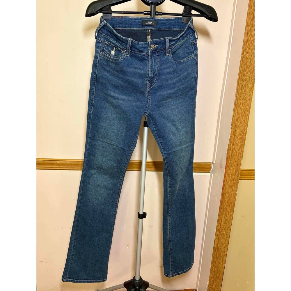 True Religion Becca‎ Mid Rise Bootcut Jeans Blue Rhinestone Flap Pocket Size 28